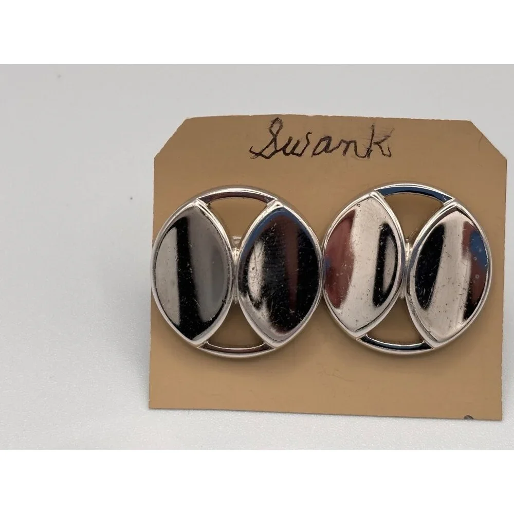 Vintage Swank Silver-Tone Oval Cufflinks Geometric Design For Men